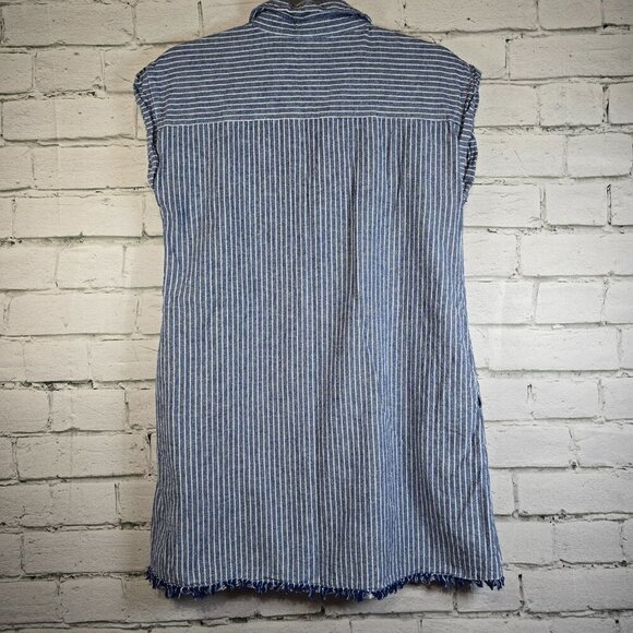 HARPER HERITAGE SHIFT DRESS BLUE DENIUM WHITE STRIPE COTTON CUFFED SLEEVE SMALL - Picture 9 of 9